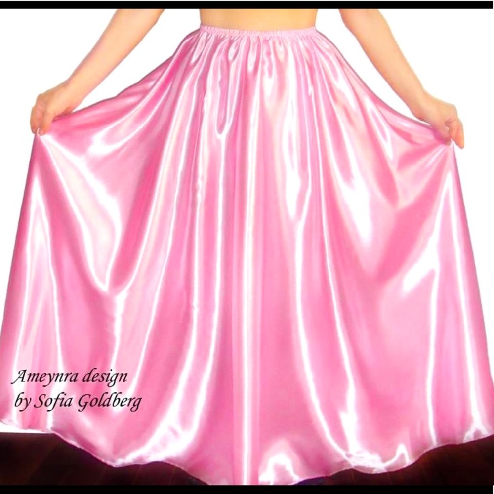 Light Pink Satin Maxi Skirt. Ameynra Design. New
